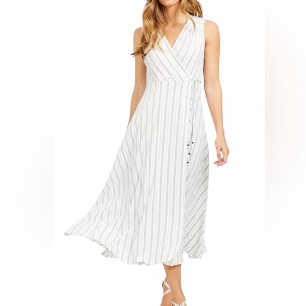 CALVIN KLEIN Women White Grey Striped Striped A-Line Maxi Dress Size 10. H41